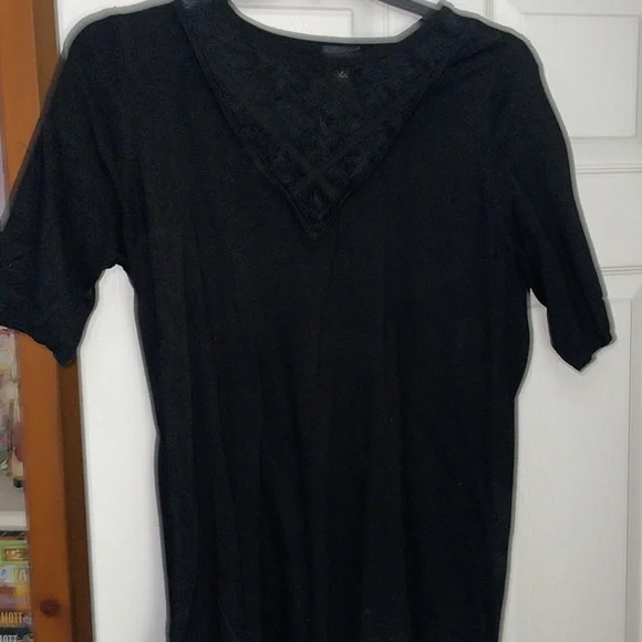 Black Short Sleeve Blouse with Lace Criss-Cross Insert - Picture 2 of 7